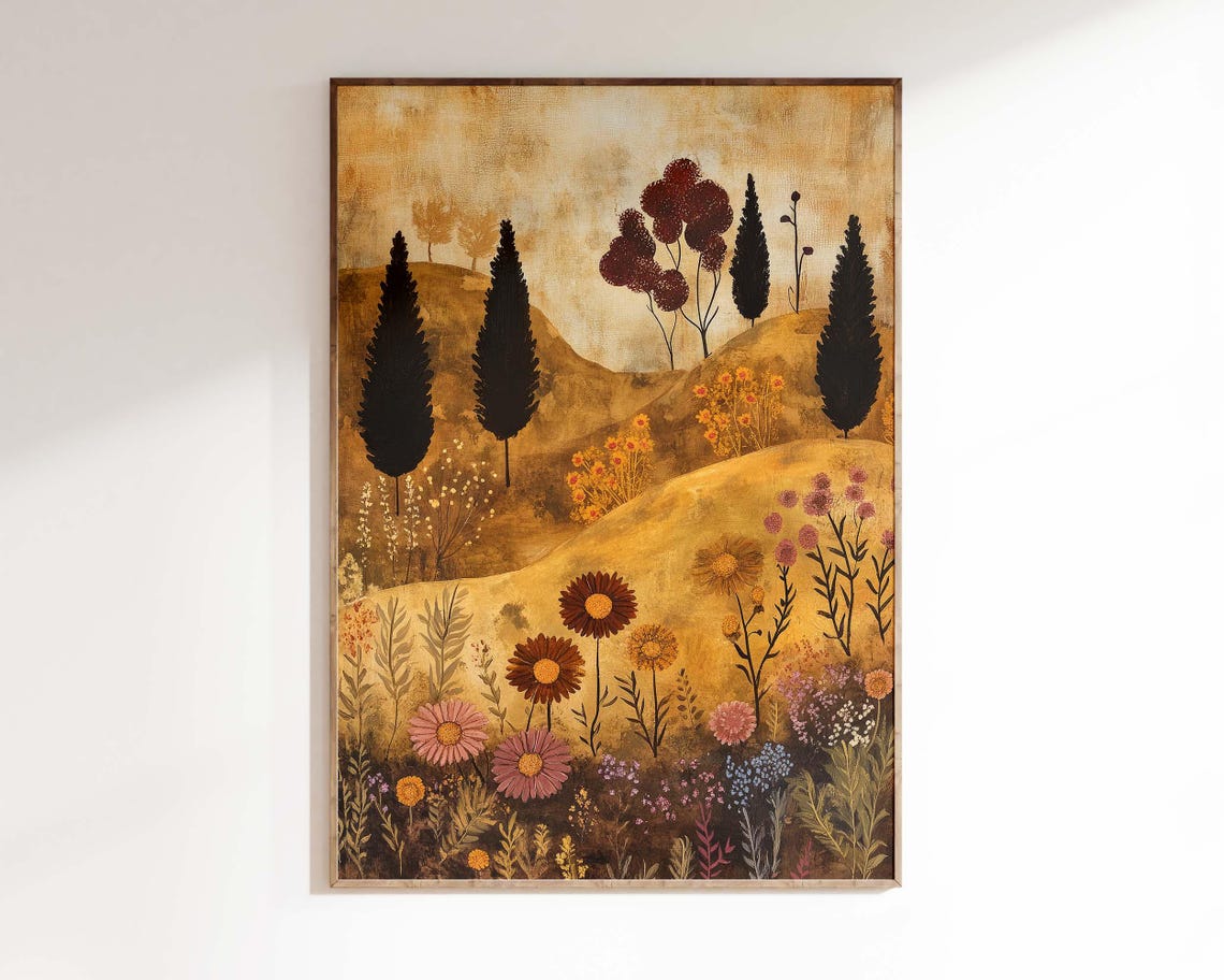 Golden Hills Cypress Trees Wildflowers Warm Landscape Art Poster - Image 3