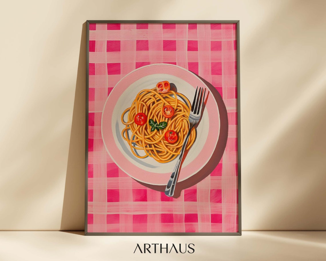 Spaghetti Pasta Plate on Pink Gingham Retro Kitchen Wall Art