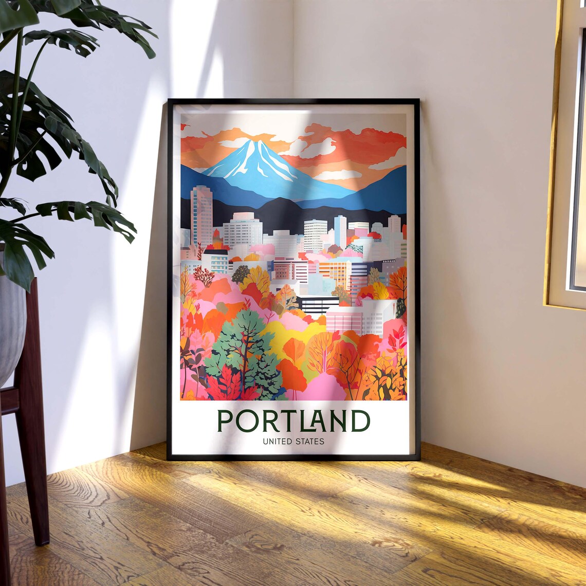 Portland United States Snow Mountain Autumn Trees Travel Poster - Image 2
