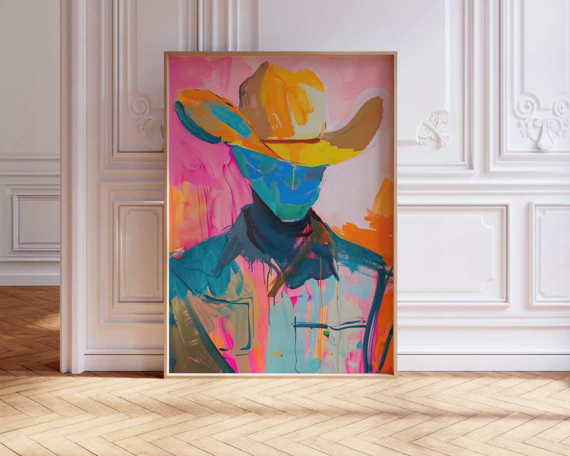 Colorful Abstract Cowboy Hat Portrait Bold Neon Western Wall Art - Image 3