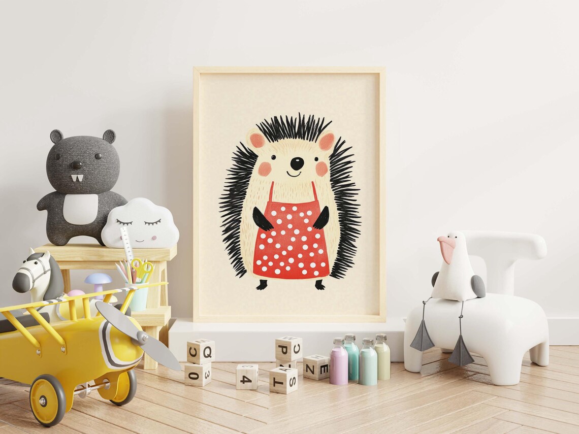 Nursery Hedgehog Wall Art of Cute Animal in Red Polka Dot Dress - Image 3