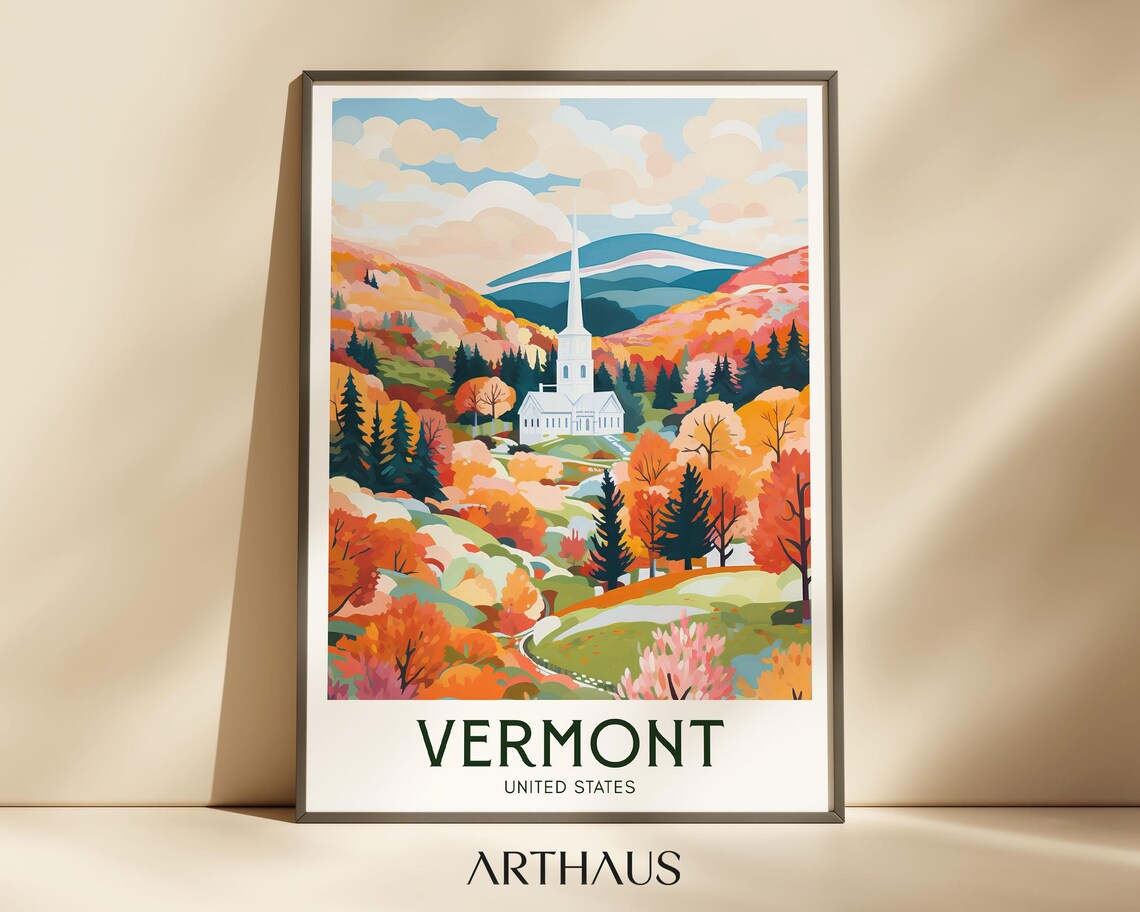 Vermont United States Autumn Foliage Valley Retro Travel Poster