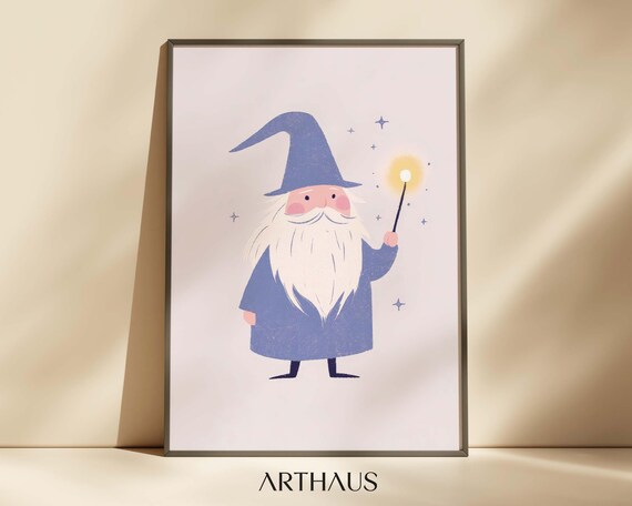 Nursery Wizard Wall Art of Cute Mage with Glowing Magic Wand