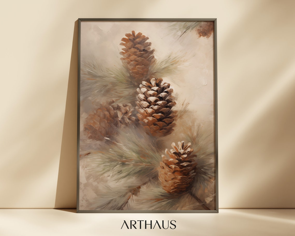 Rustic Pinecone Branch Winter Botanical Neutral Vintage Art Poster