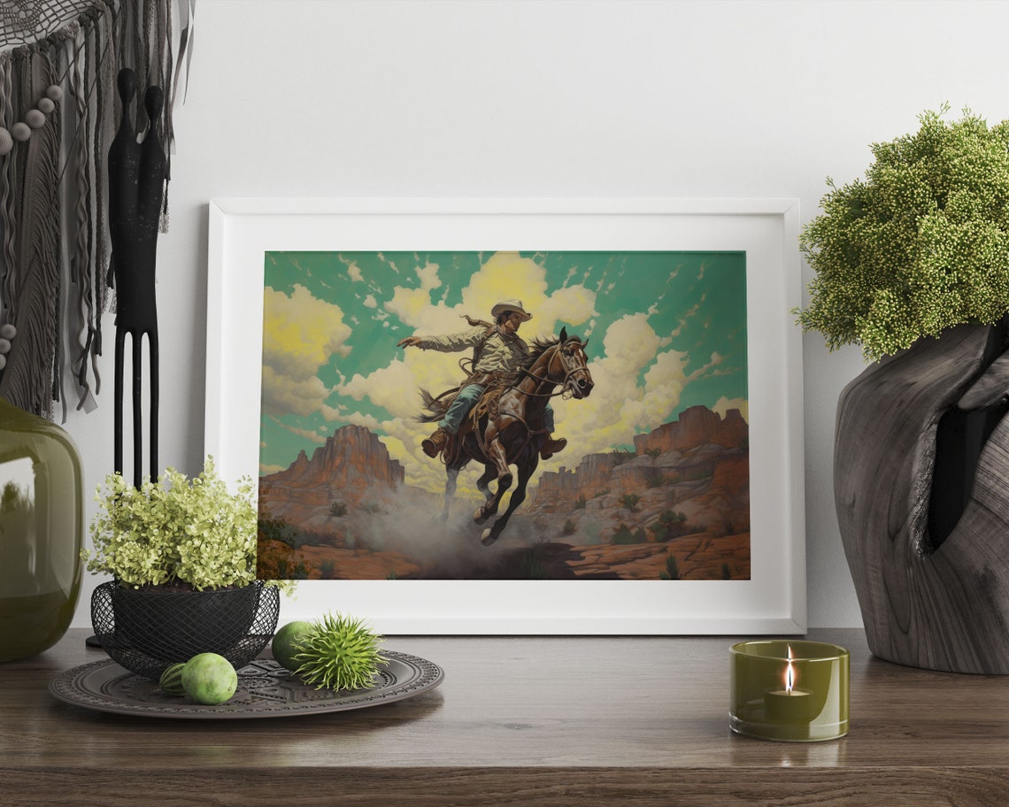 Vintage Cowboy Riding Horseback Through Rugged Desert Canyon Print - Image 3