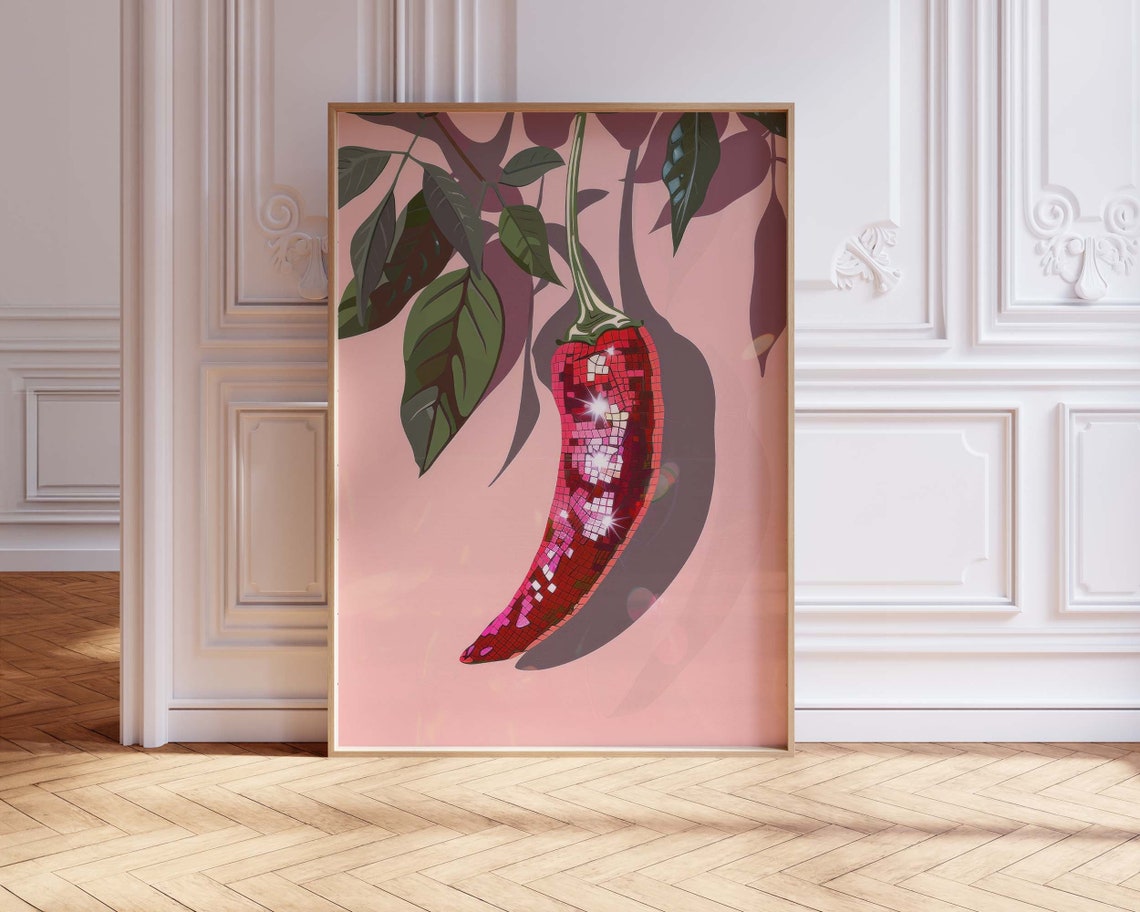Funky Disco Ball Chili Pepper Maximalist Pink Kitchen Wall Art - Image 2