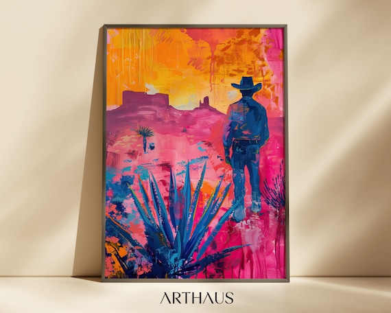 Cowboy Silhouette Pink Desert Sunset Vibrant Western Art Poster
