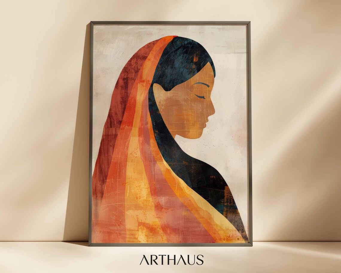 Indian Woman in Orange Sari Abstract Warm Portrait Art Poster