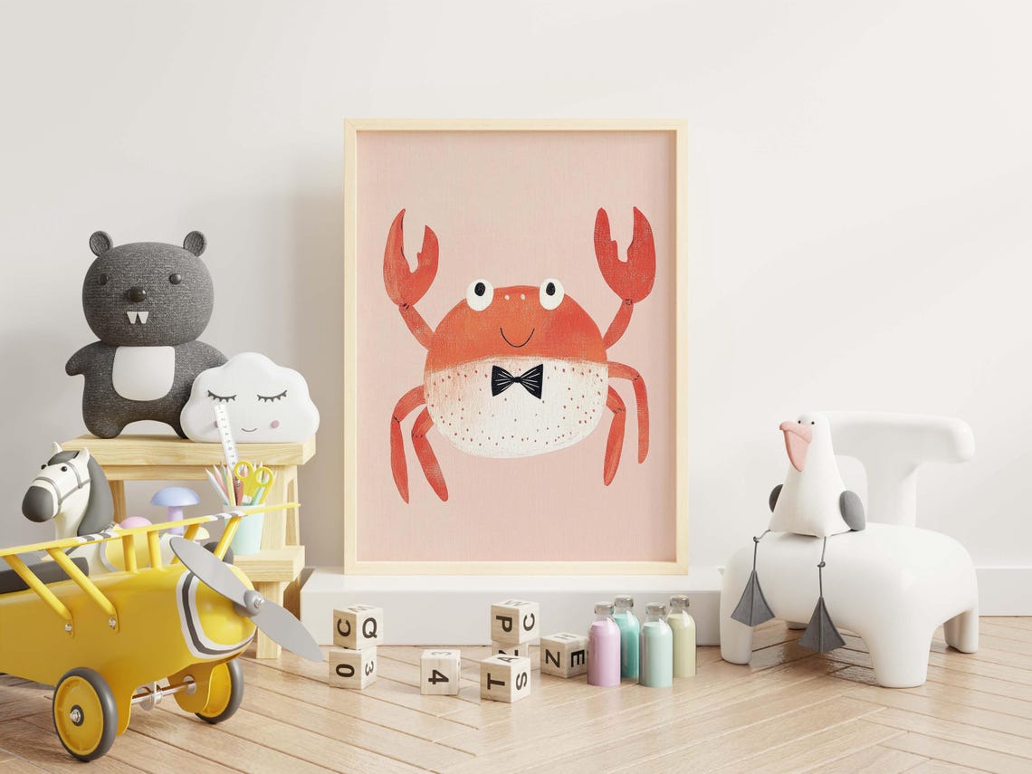 Cute Baby Red Crab Wearing Bow Tie Pink Nursery Coastal Wall Art - Image 2