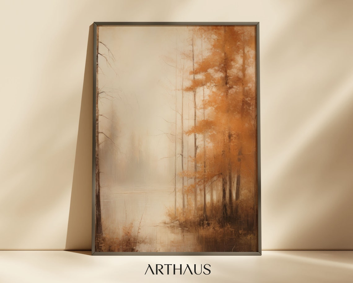 Muted Autumn Forest Beside A Misty Calm Lake Oil Painting Poster