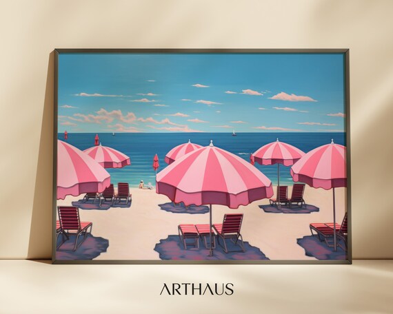 Pink Striped Beach Umbrellas Coastal Art Print Retro Seaside Decor