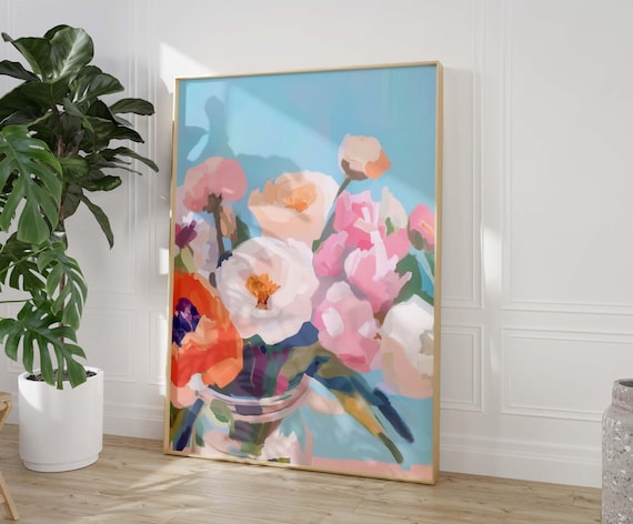 Summer Flower Bouquet Vase Pastel Blue Modern Floral Art Poster