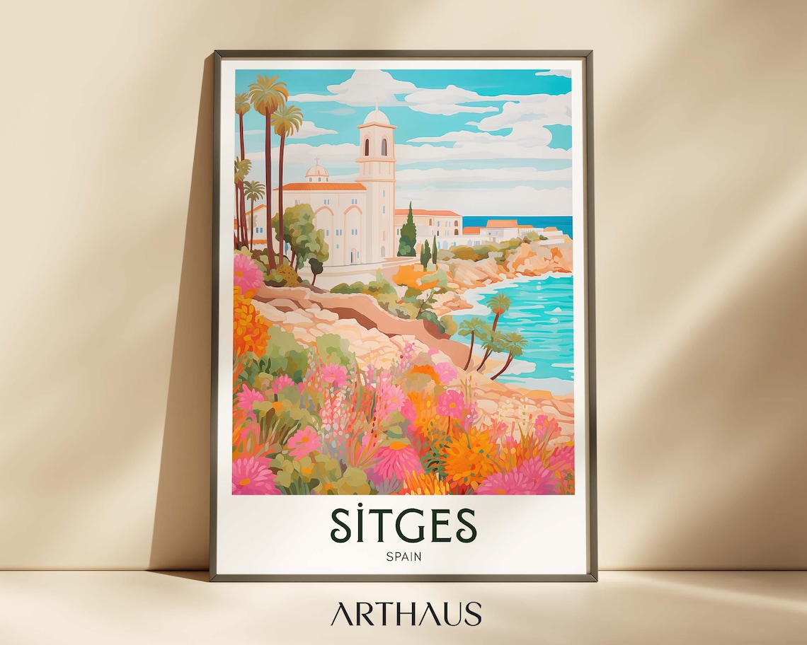 Sitges Spain Coastal Church Mediterranean Travel Poster Floral Art