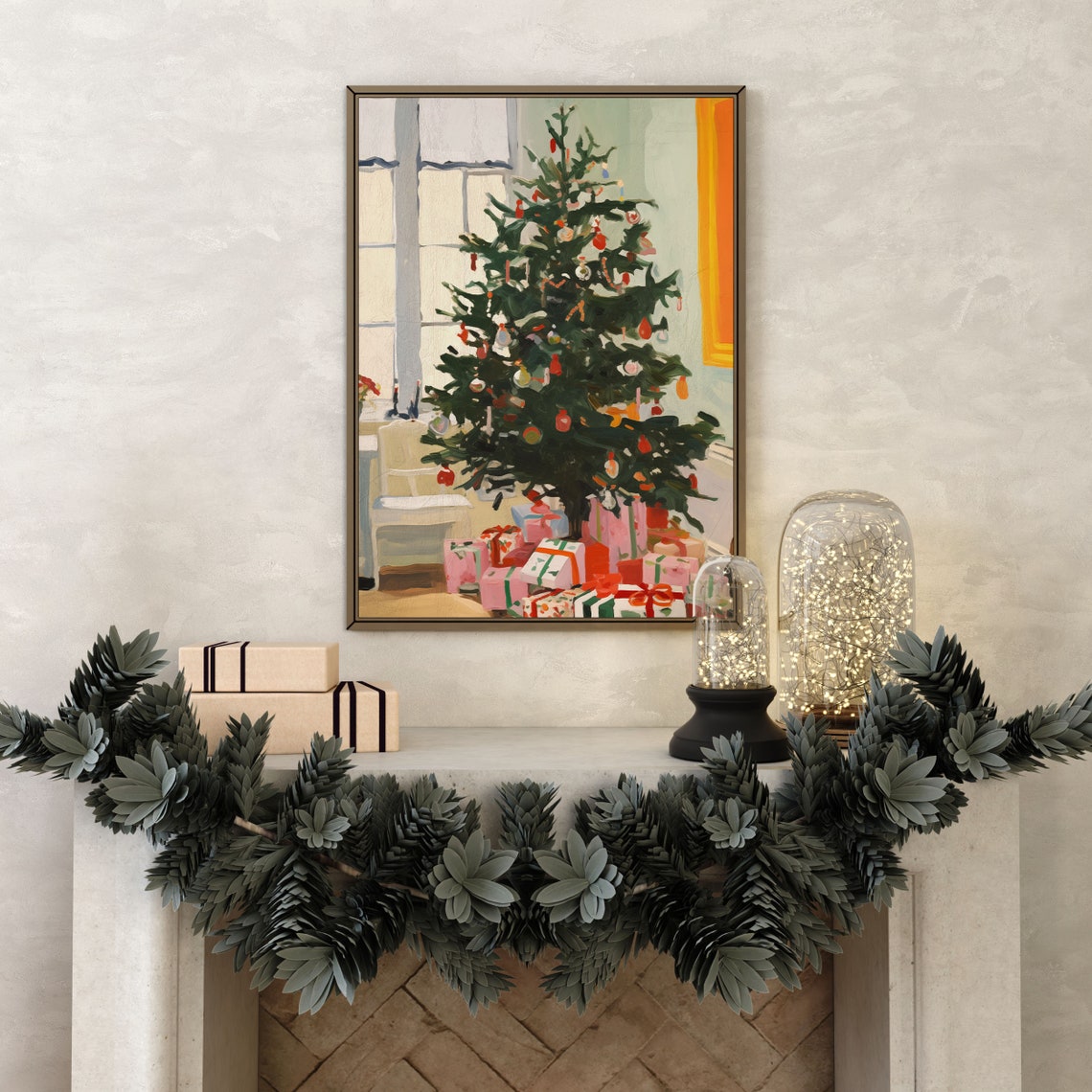 Decorated Christmas Tree with Gifts by Window Cozy Holiday Art Poster - Image 3