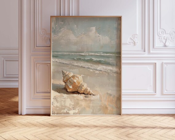 Vintage Seashell on Beach Coastal Oil Painting Neutral Art Poster