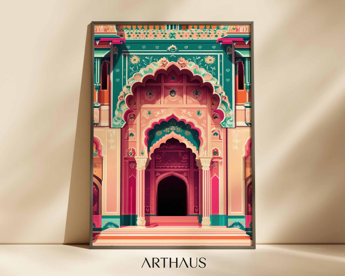 Jaipur Palace Doorway Pink Teal Arches Indian Architecture Poster