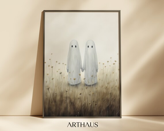 Two Cute Ghosts Holding Hands in a Wildflower Field Art Poster
