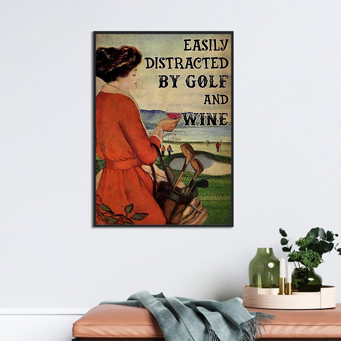 Easily Distracted By Golf And Wine Vintage Golfer Woman Poster - Image 2