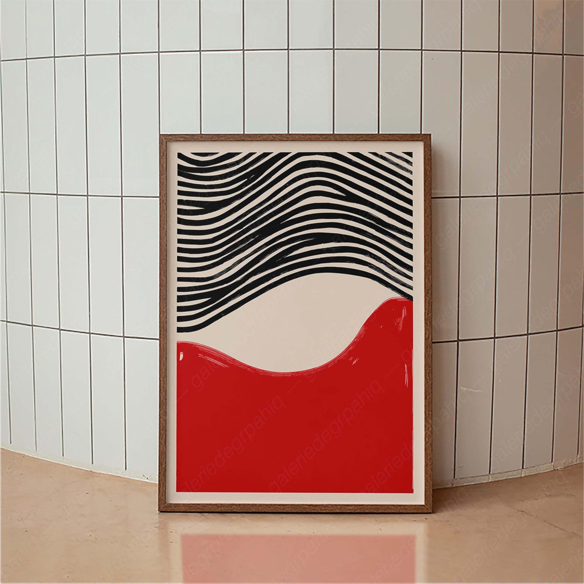 Bold Black Waves Over Red Abstract Mid Century Modern Poster