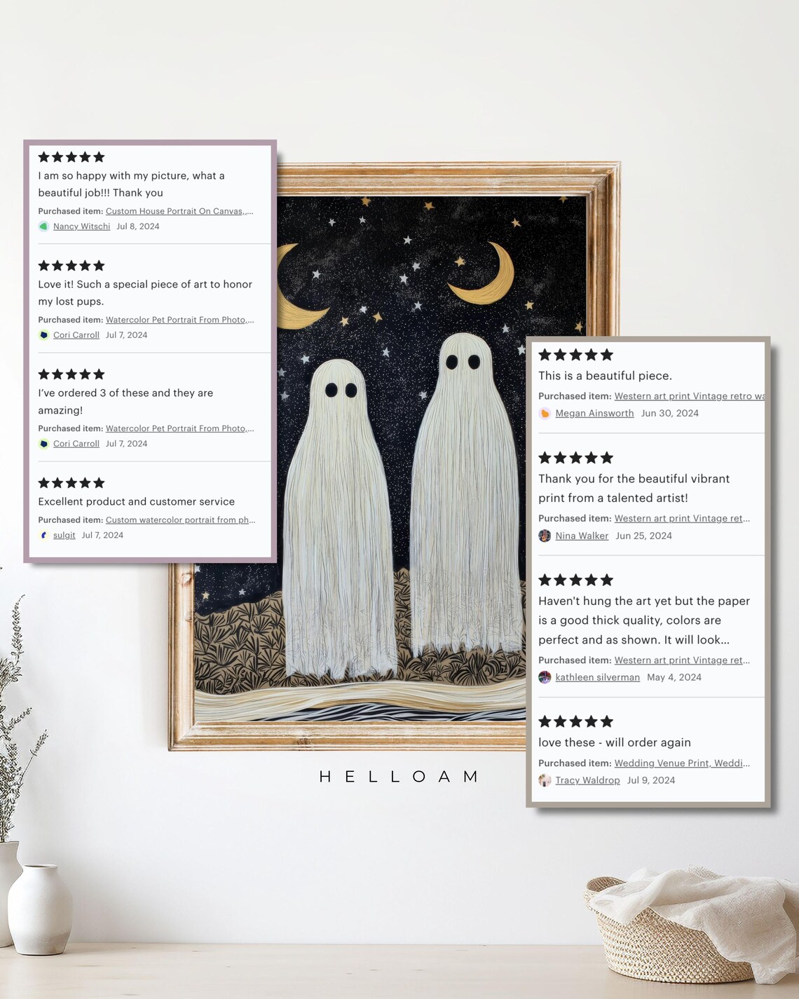 Two Cute Ghosts Under Starry Night Sky With Golden Moons Halloween Poster - Image 3