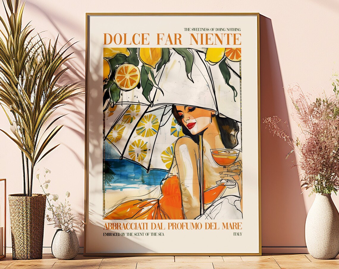 Dolce Far Niente Lemon Parasol Woman Cocktail Italian Wall Art