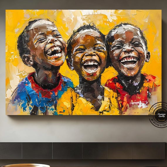 Joyful Brotherhoodlaughing African Children Black Art Wall Decor Framed Canvas