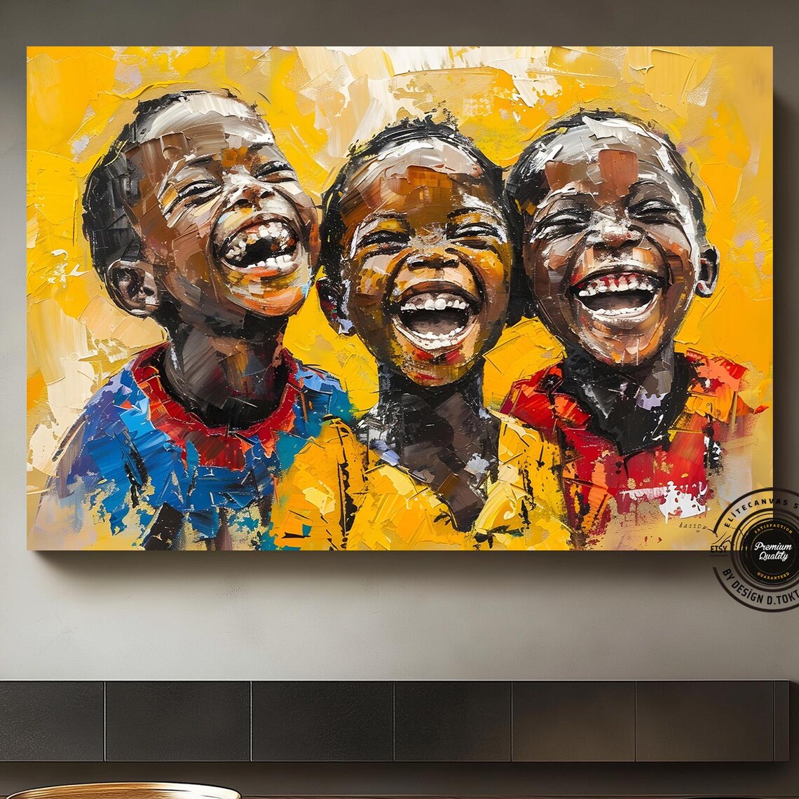 Three Laughing Children in Bold Yellow Impasto Oil Painting Poster