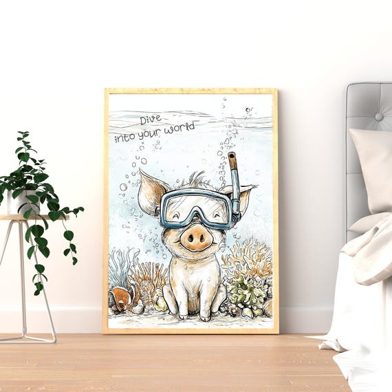 Pig Underwater Print Handdrawn Snorkel Art Oink Poster Ocean Decor Cute Kinderposter