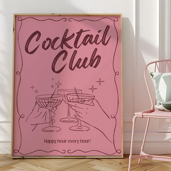 Cocktail Club Wall Art Poster Preppy Print Cute Dorm Decor Girly Kitchen