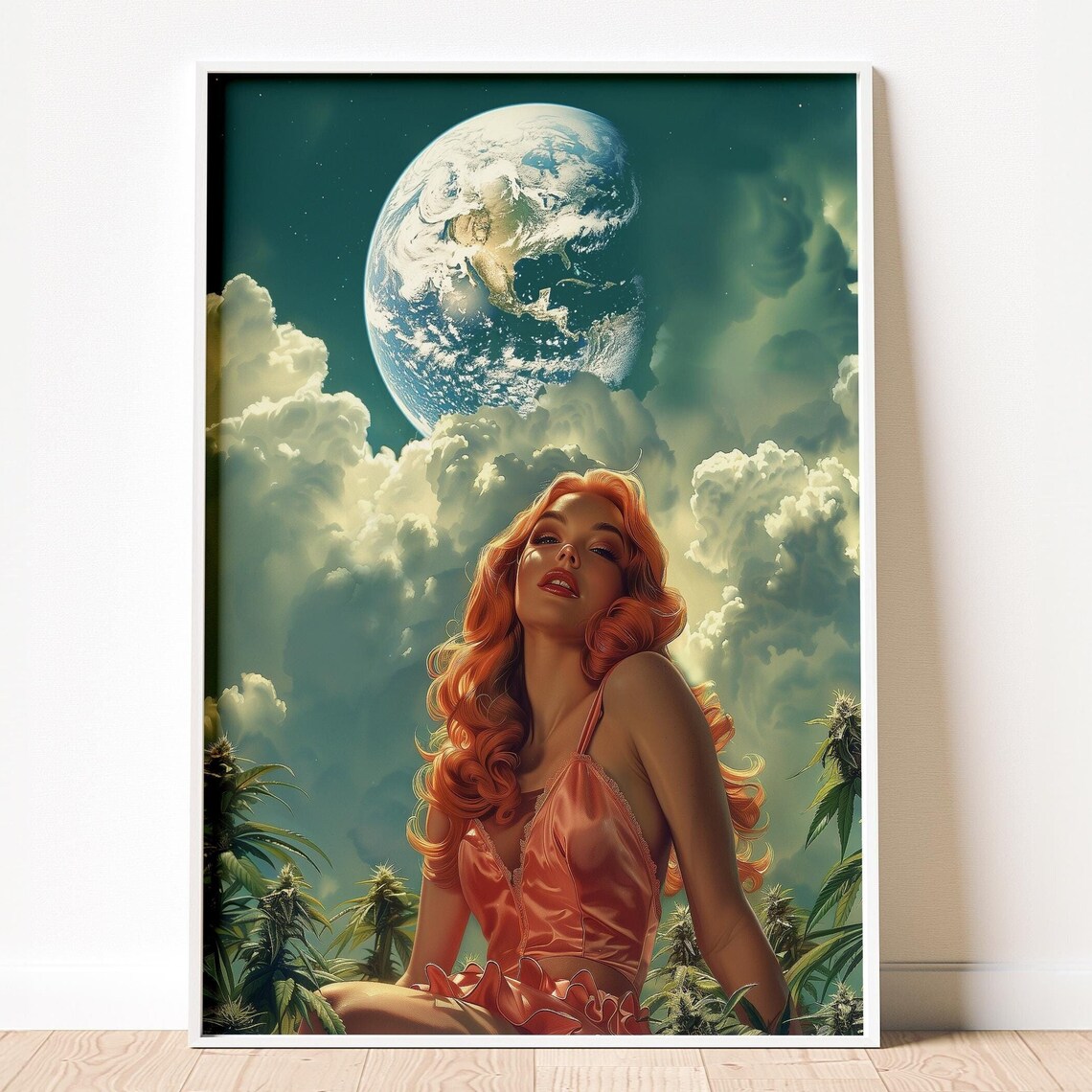 Surreal Cannabis Art Print, Retro Futuristic Woman