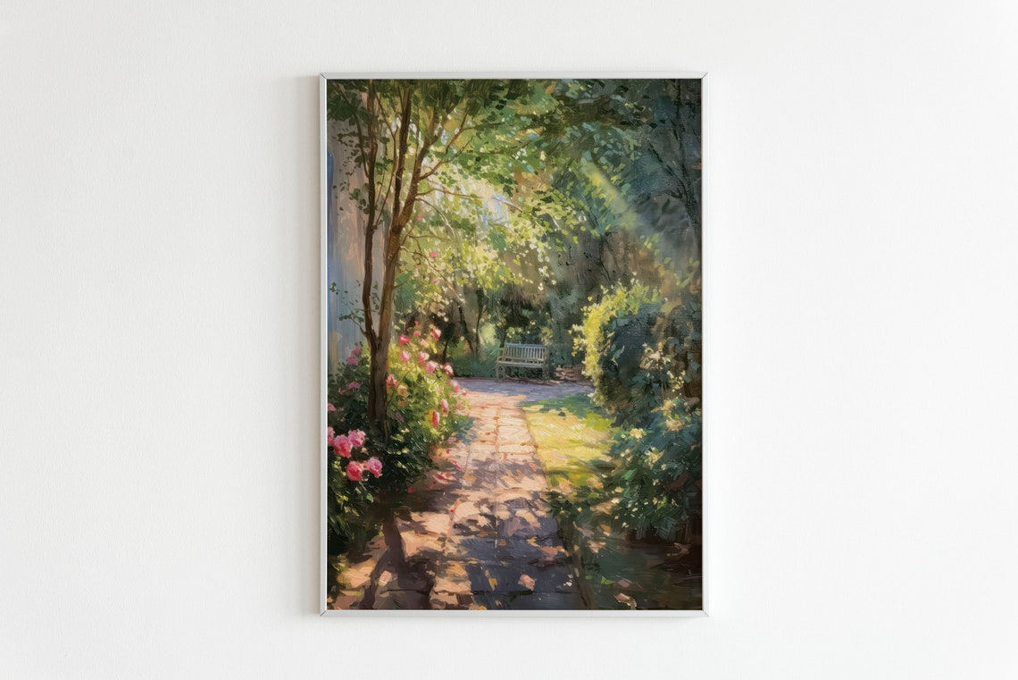 Sunlit Garden Path with Pink Roses Impressionist Landscape Poster