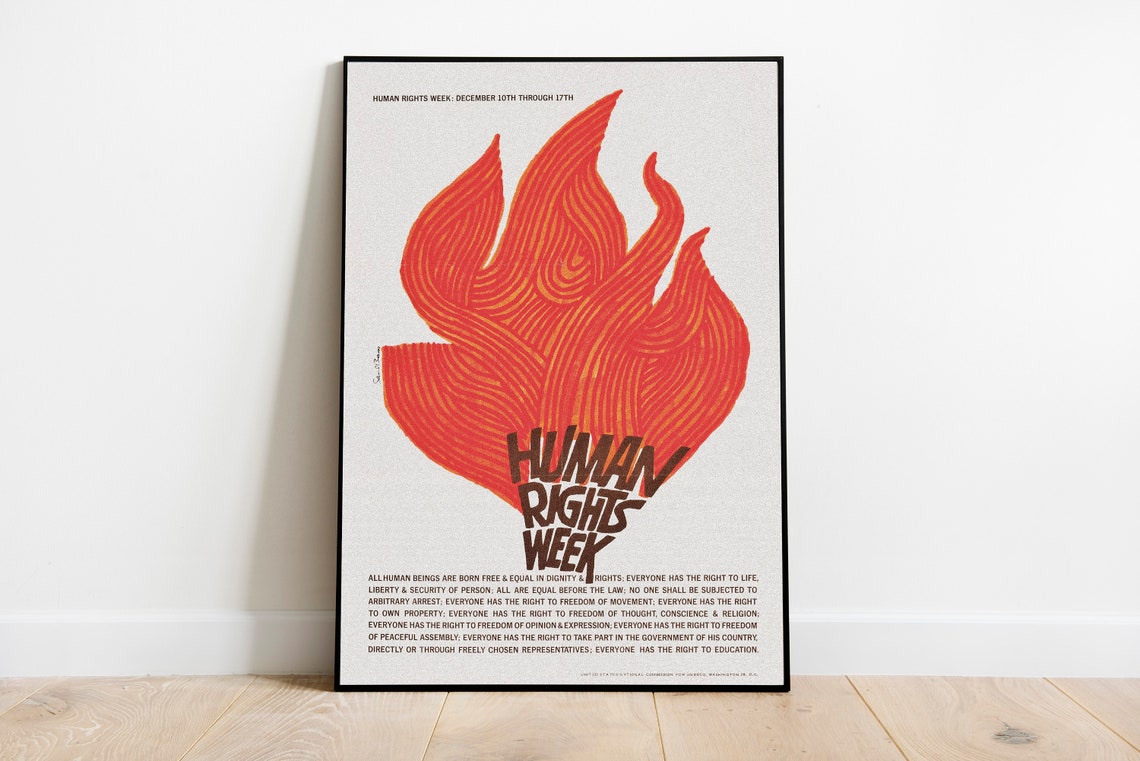 Saul Bass Human Rights Week Flame Hand Vintage Protest Art Poster - Image 3