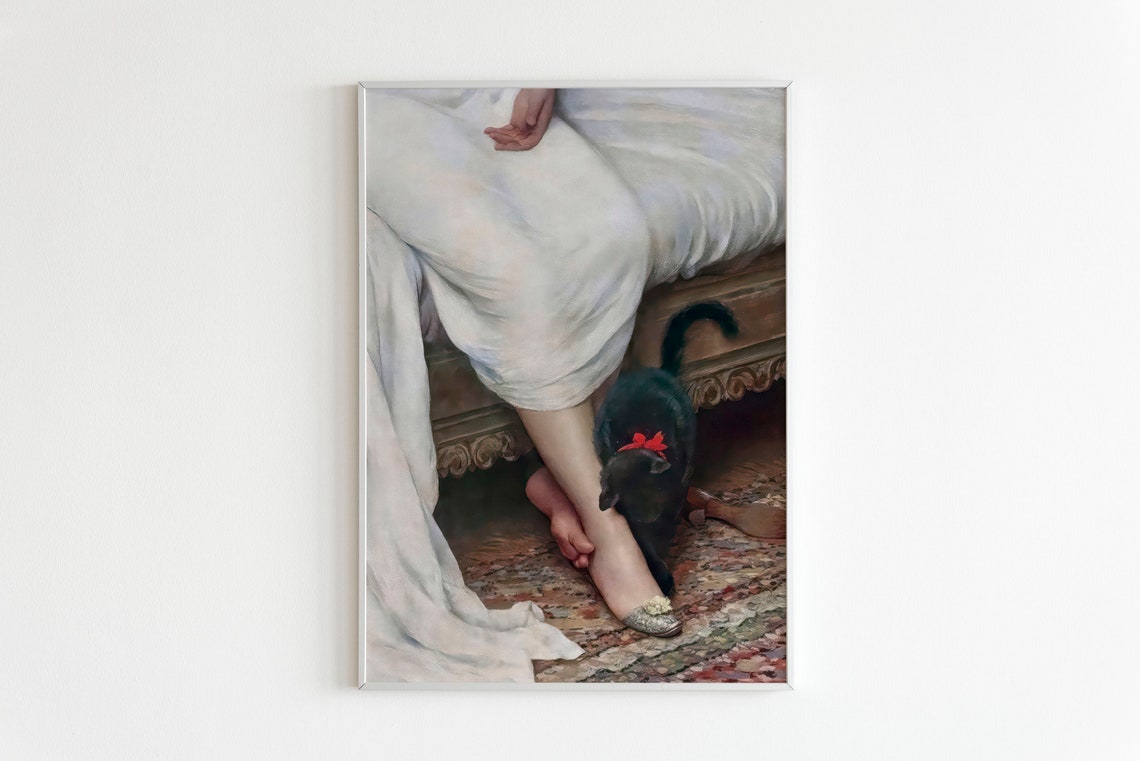 Black Cat With Red Bow Beside Woman Classic Painting Detail Poster