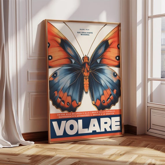 Volare Butterfly Wall Print Italian Retro Decor Modern Gifts For Art Lovers Vibrant Poster For Living Room Bold Colorful Butterfly Art