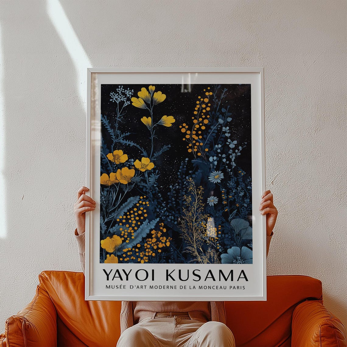 Kusama Museum Inspired Print With Vibrant Orange And Blue Floral Forms Bold Dot Textures And A Moody Modern Backdrop For Dramatic Spaces - Image 3