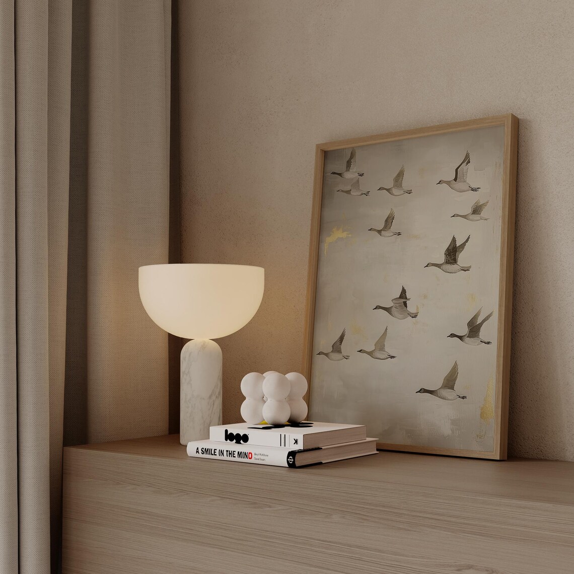 Flying Cranes Flock Beige Minimalist Birds in Flight Scene Poster - Image 2