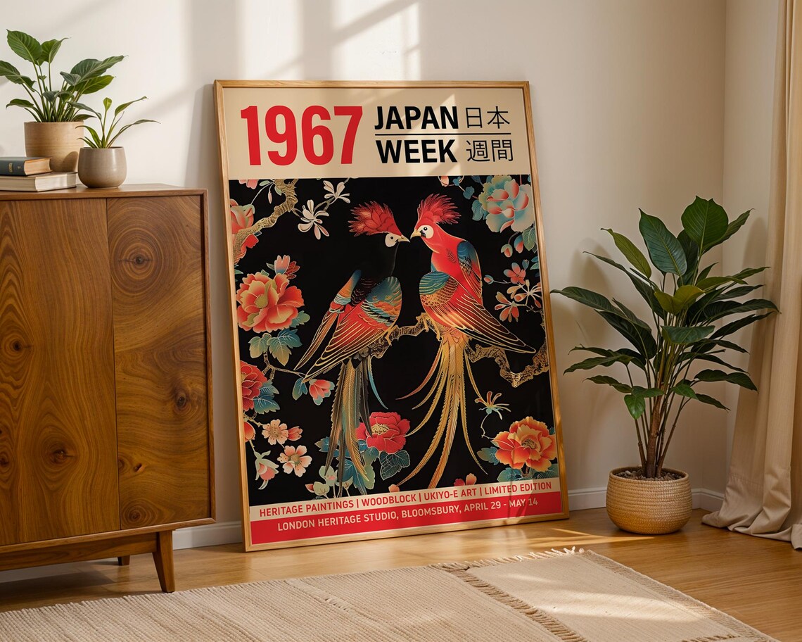 1967 Japan Week Vintage Woodblock Ukiyo E Bird Exhibition Poster - Image 4