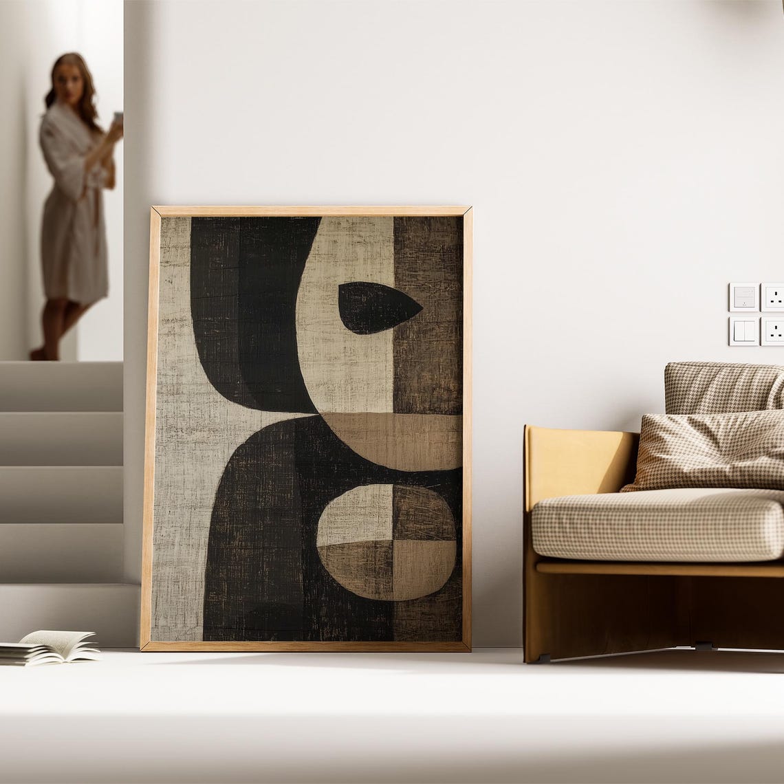 Curved Black Brown Geometric Shapes Beige Linen Modern Art Poster - Image 3