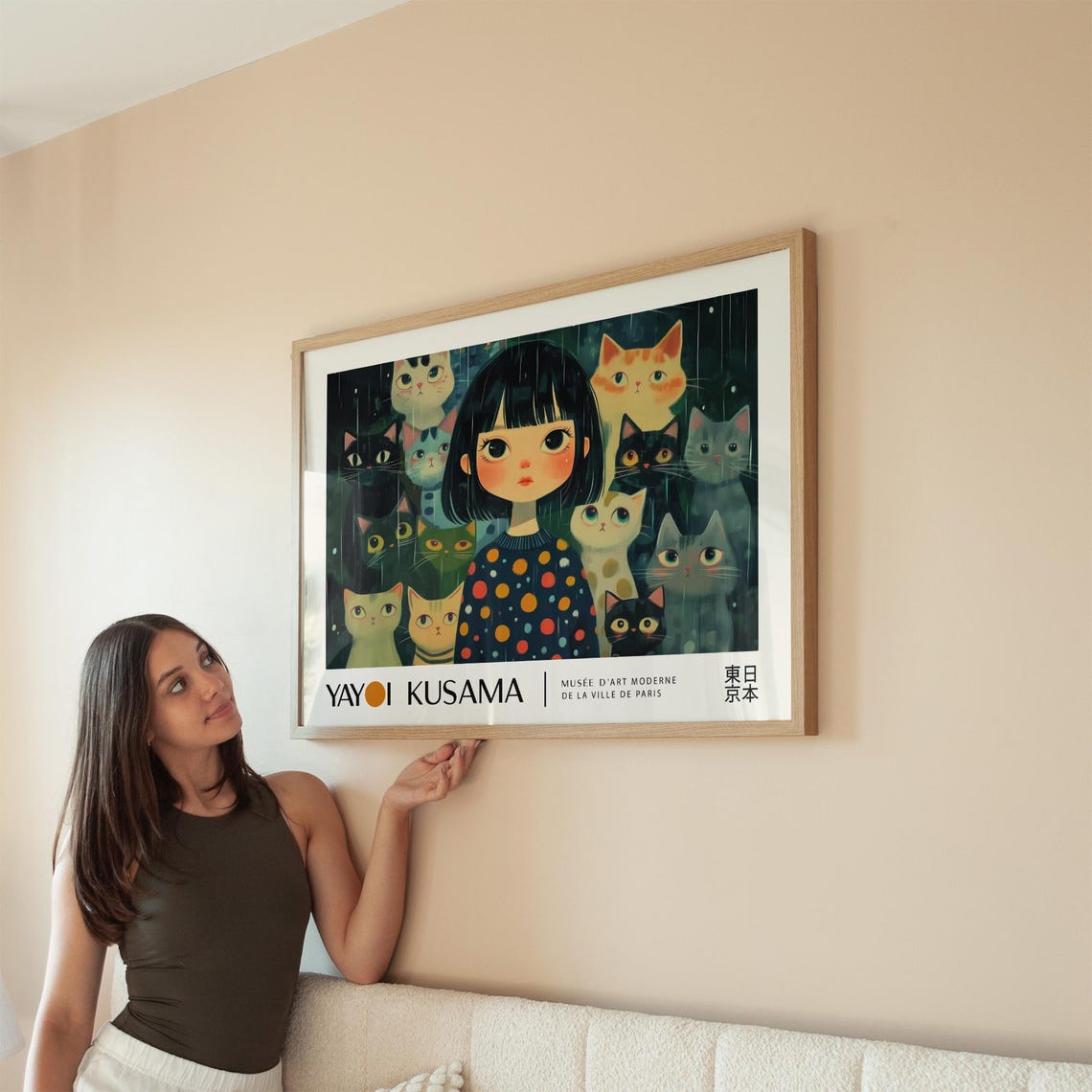 Yayoi Kusama Girl Surrounded By Cats Rain Whimsical Exhibition Poster - Image 2