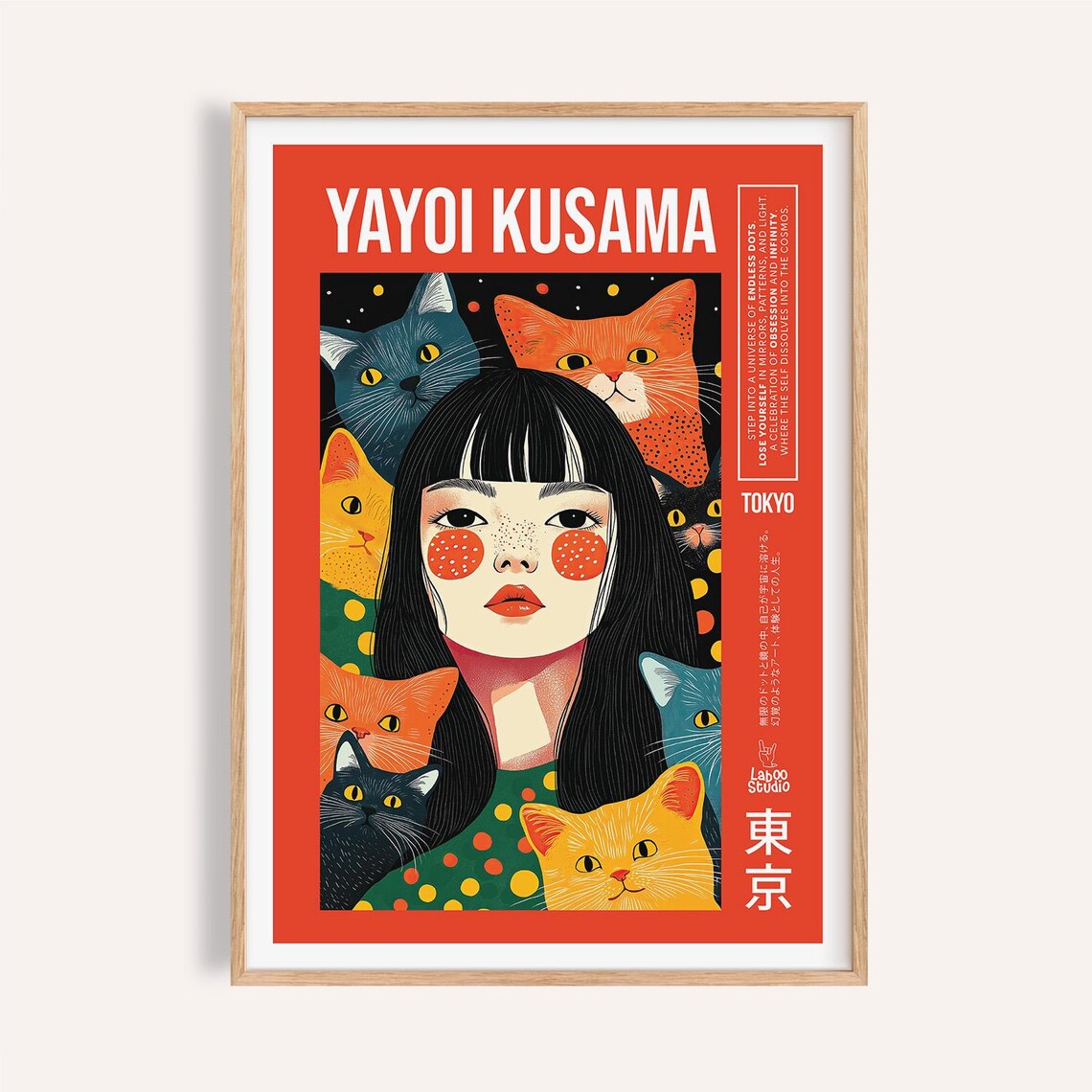 Pop Art Girl Surrounded by Cats on Red Tokyo Kusama Style Poster - Image 2