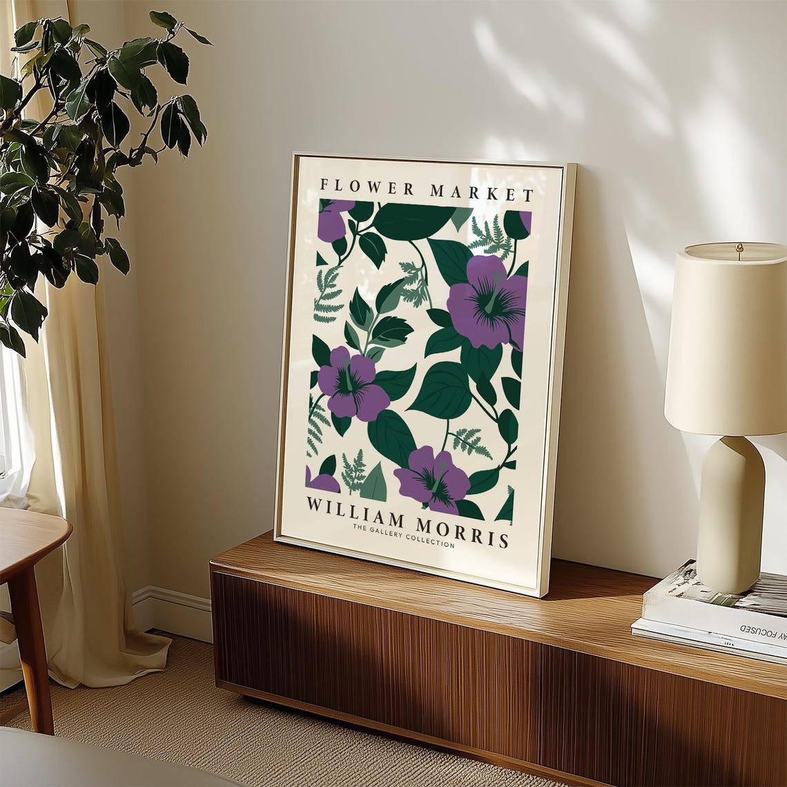 William Morris Flower Market Purple Hibiscus Leaf Pattern Poster - Image 3
