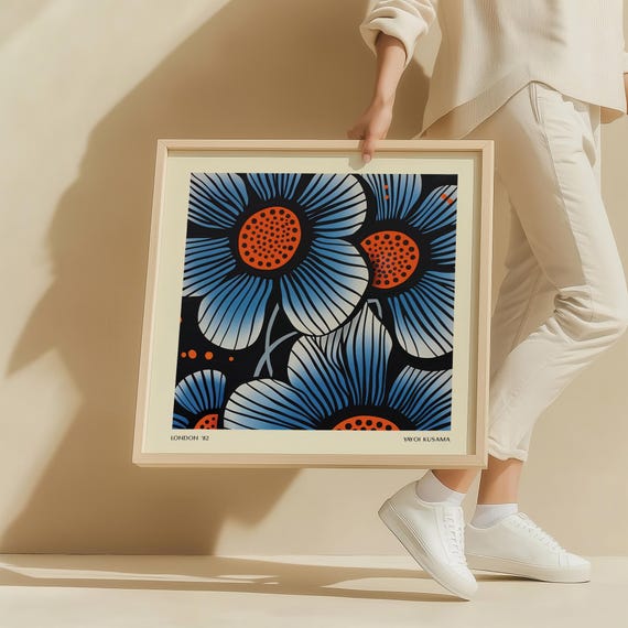 Bold Blue Floral Art Modern Abstract Flower Poster For Living Room Bedroom Decor Contemporary Botanical Wall Print Japandi Square Wall Art