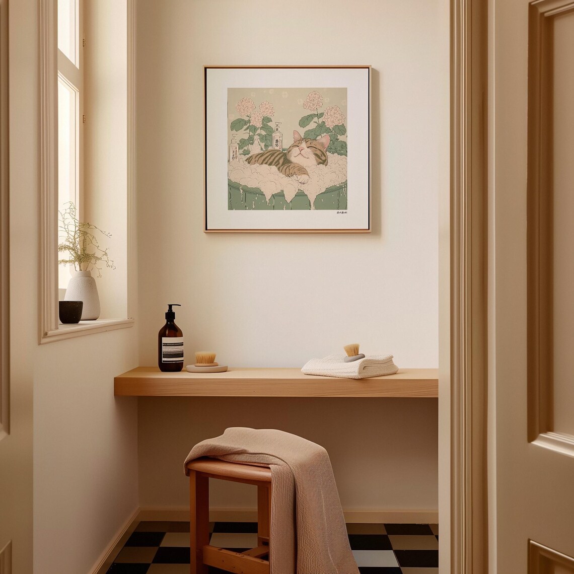 Relaxing Tabby Cat Bubble Bath Japanese Hydrangea Bath Art Print - Image 3