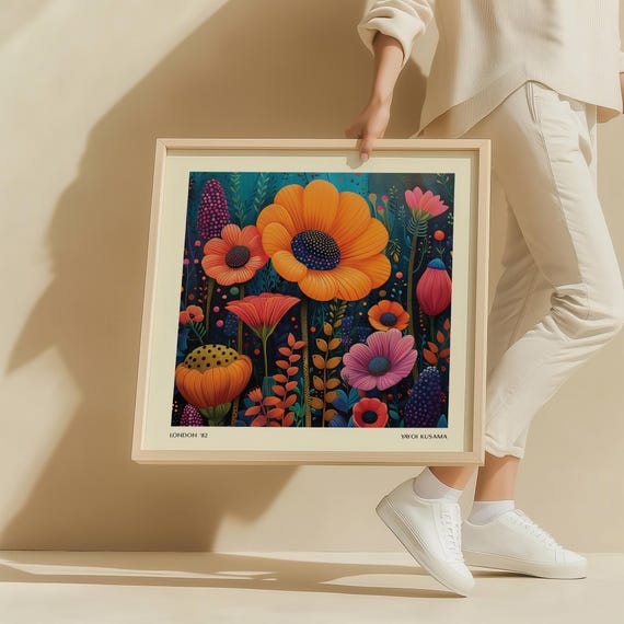 Vibrant Floral Wall Art Bright And Bold Colourful Botanical Print For Living Room Or Bedroom Decor Unique Nature Artwork Square Yayoi Kusama