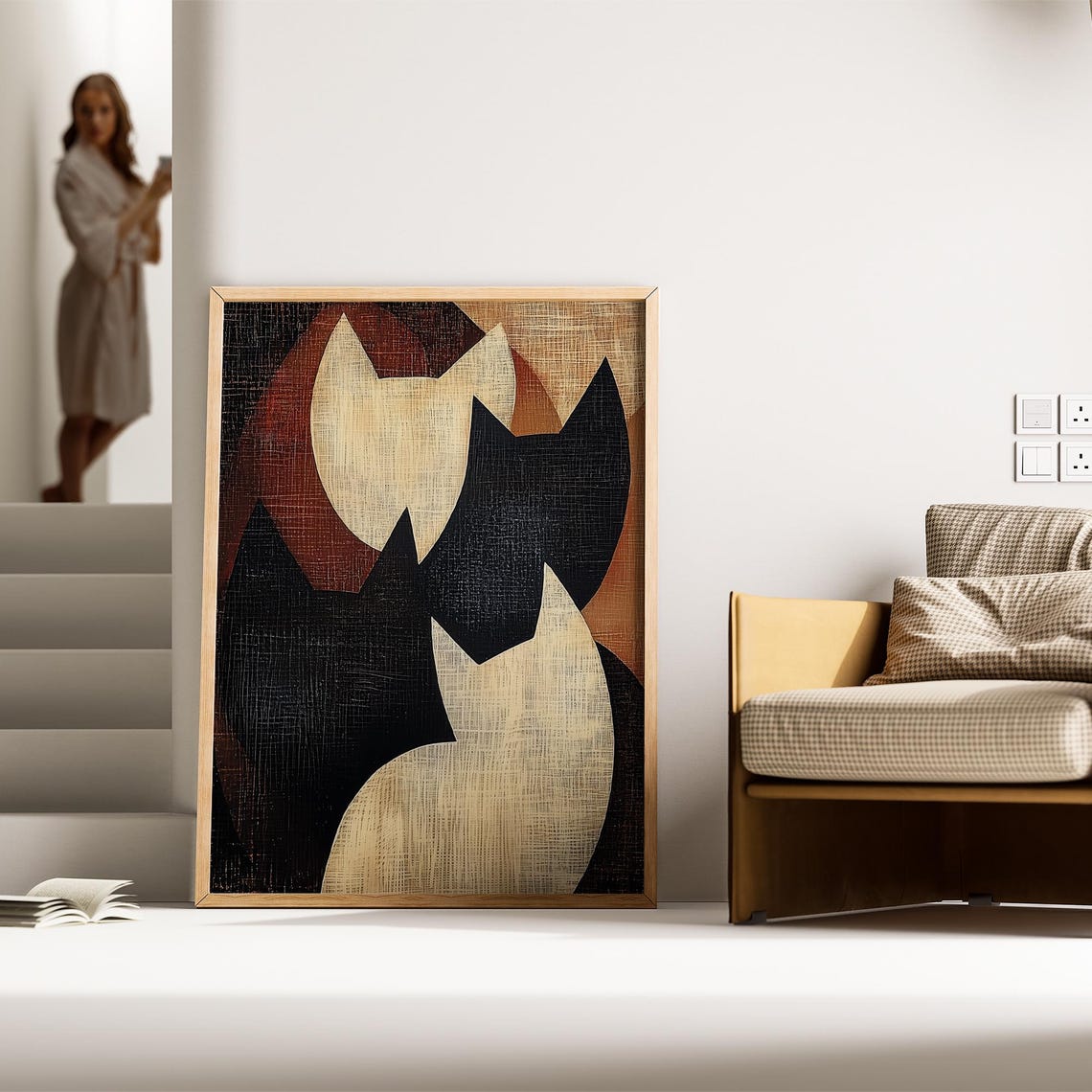 Vintage Abstract Cats Silhouette Trio Warm Earth Art Style Poster - Image 3