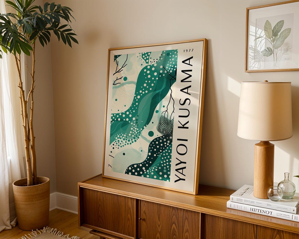 Yayoi Kusama 1977 Teal Wave White Dot Pattern Abstract Poster - Image 3