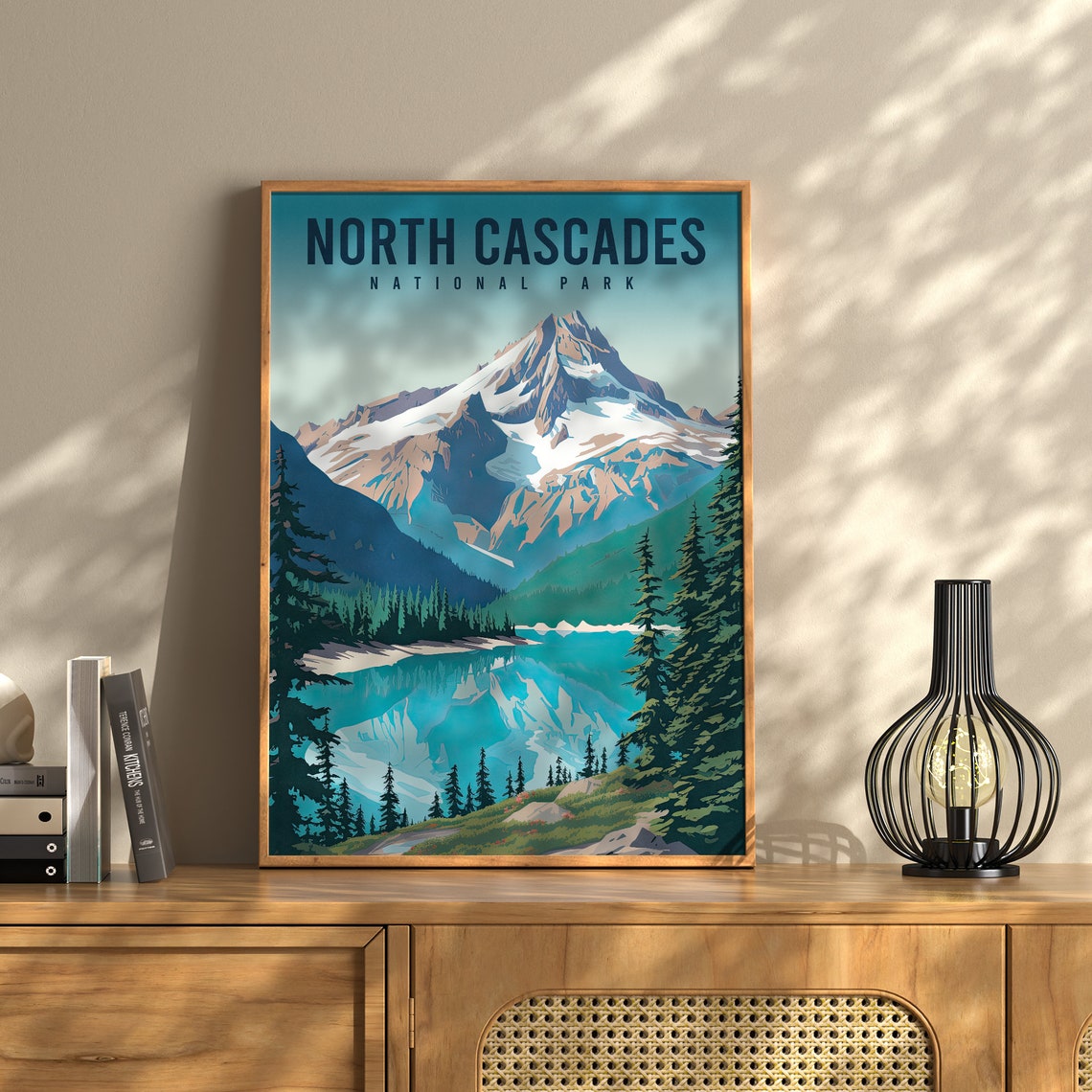 North Cascades National Park Snowy Peak Alpine Lake Vintage Poster