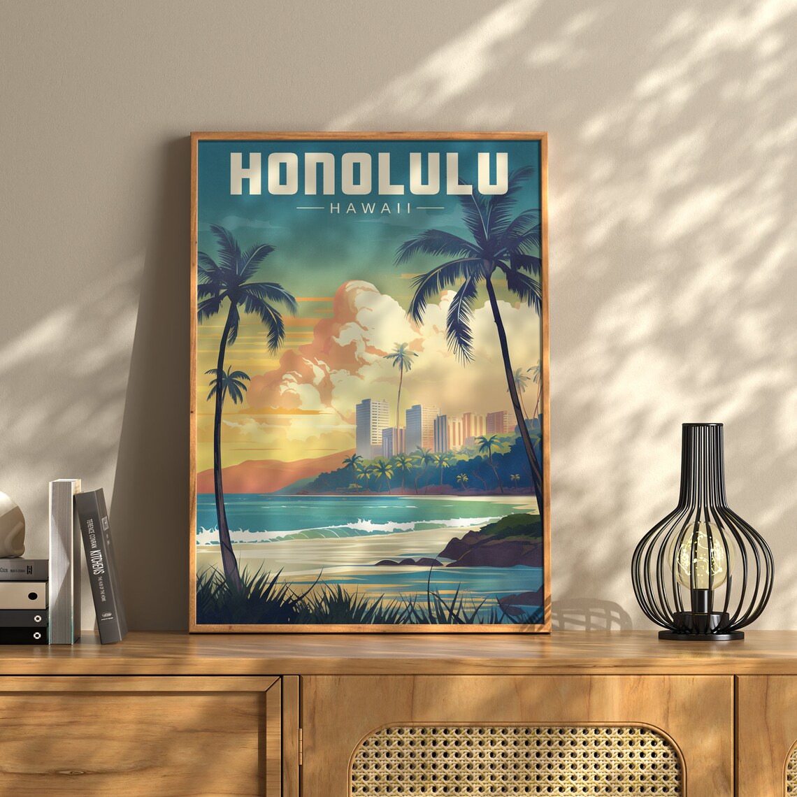Honolulu Hawaii Waikiki Beach With Palm Trees Scene Travel Poster