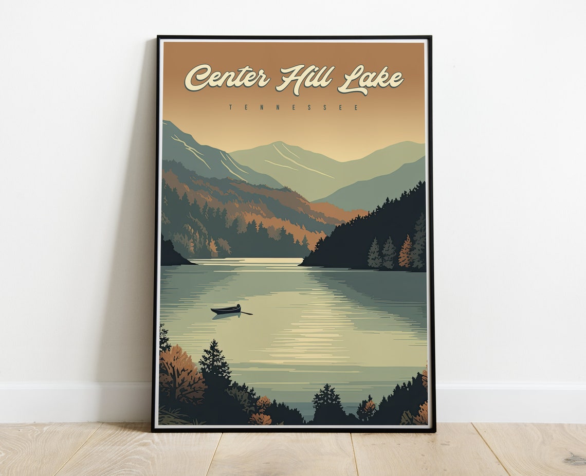 Peaceful Center Hill Lake Tennessee Canoe Autumn Hills Travel Poster
