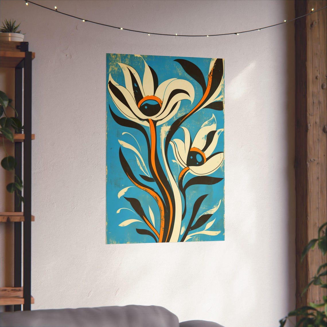 Blue Floral Stylized White Flowers Botanical Wall Decor Print Art - Image 3